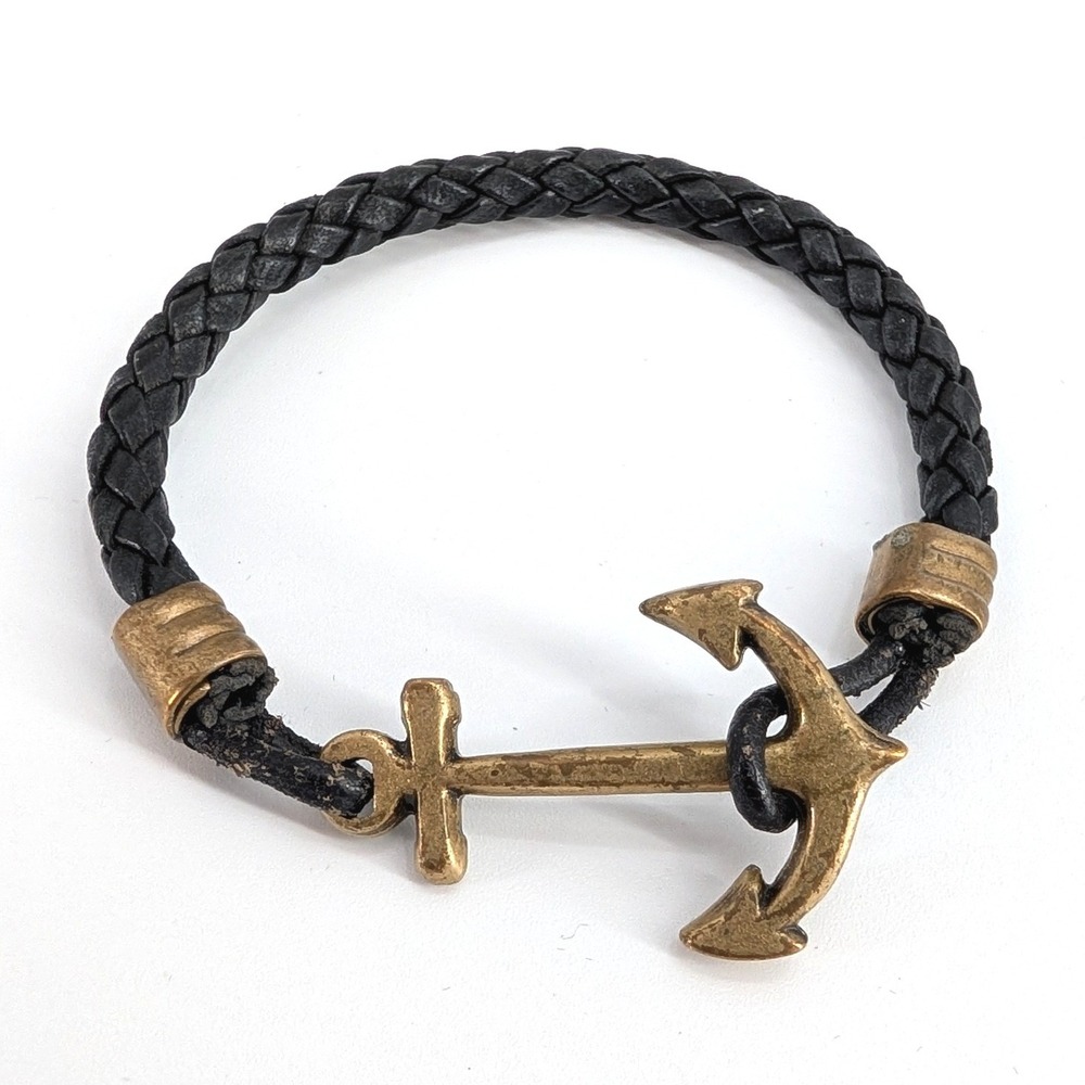 Kiel James Patrick Anchor Bracelet Braided Black Leather Brass Nautical 8in